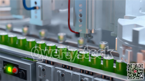 Production of lithium ion batteries. Battery factory. 3D illustration. 3D rendering.
