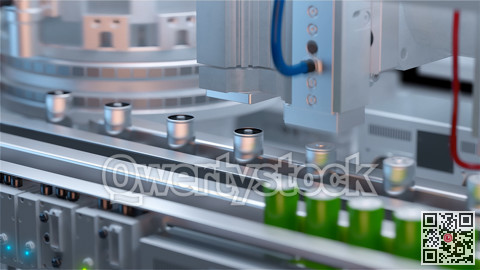 Production of lithium ion batteries. Battery factory. 3D illustration. 3D rendering.
