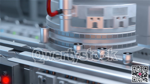 Production of lithium ion batteries. Battery factory. 3D illustration. 3D rendering.