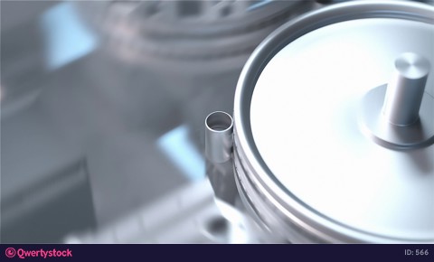 Production of batteries, conveer line. Close-up. 3D rendering.