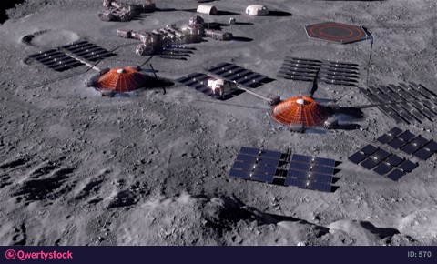 Moon base. Development of the surface of the moon, construction of the base. Colonization of the planet. 3D rendering.