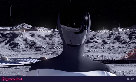 A humanoid robot walks across the moon's surface. Lunar colony. 3D rendering.