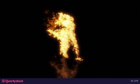 A burning man walks in slow motion. A bright blazing fire. 3D rendering.