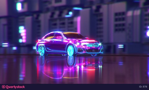 The car of the future drives along the road of an abstract space city. Neon backlight. 3D renering.