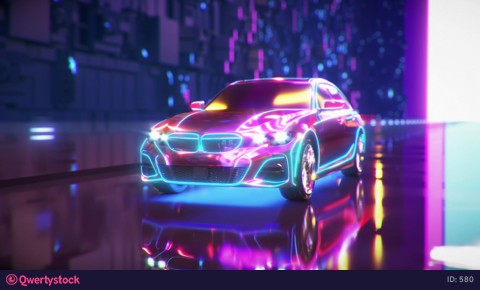 A neon sports car drives down a night road. 3D rendering.