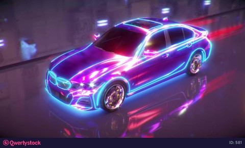 A neon sports car drives down a night road. 3D rendering.