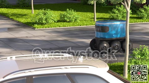 Autonomous delivery robot drives along the street