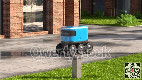 Autonomous delivery robot drives along the street