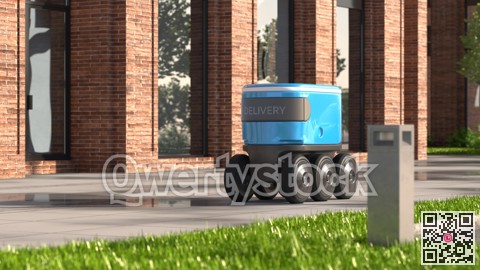 Autonomous delivery robot drives along the street