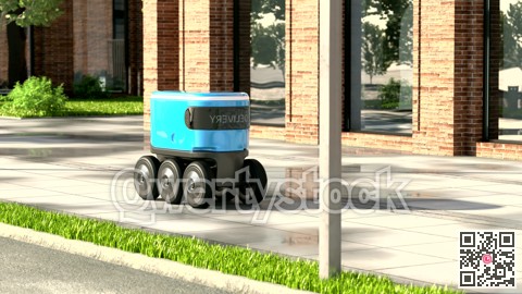 Autonomous delivery robot drives along the street