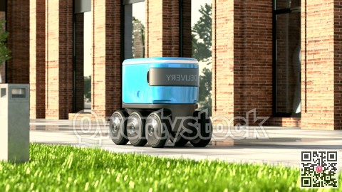 Autonomous delivery robot drives along the street