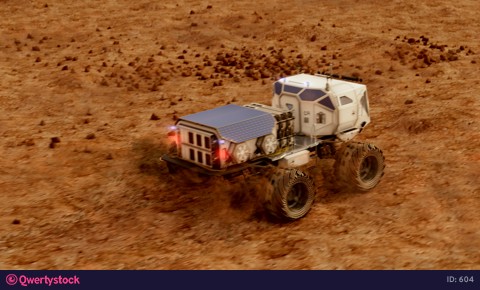 Martian rover drives across the rocky surface, observing the colonists base inside of the crater. 4K footage