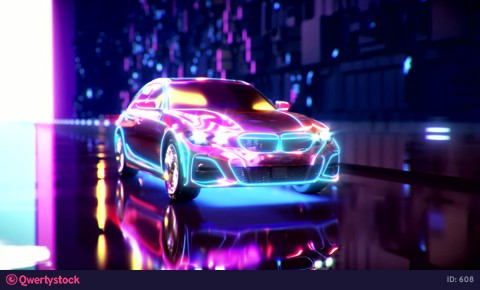 A neon sports car drives down a night road. 3D rendering.