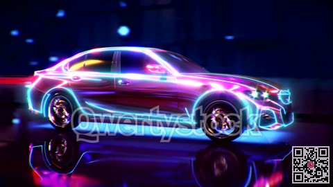 A neon sports car drives down a night road. 3D rendering.