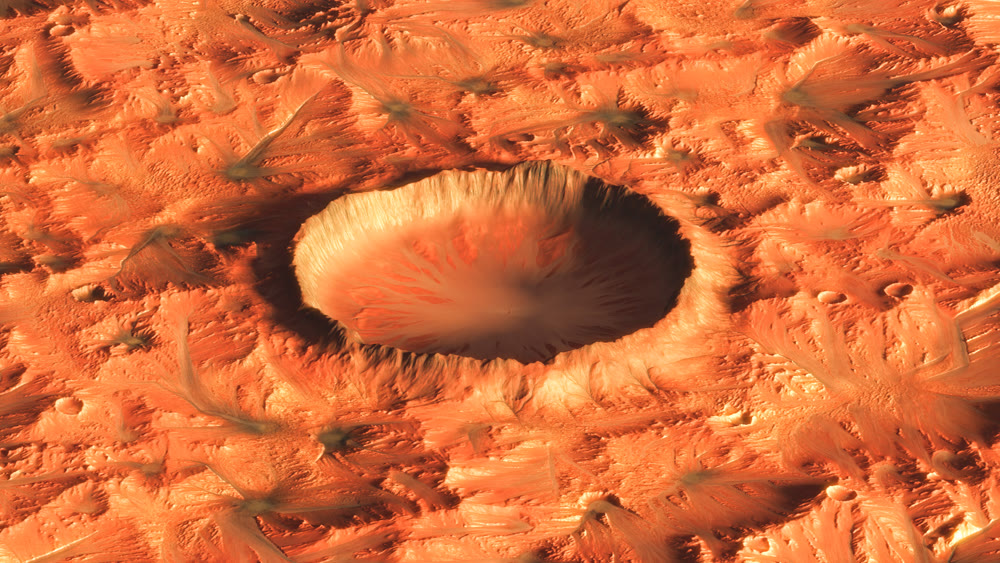 Fly over mars crater, zoom in