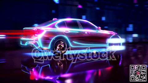 A neon sports car drives down a night road. 3D rendering.