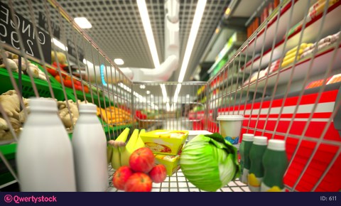 Hand robot buys food and puts them in the basket. 4k