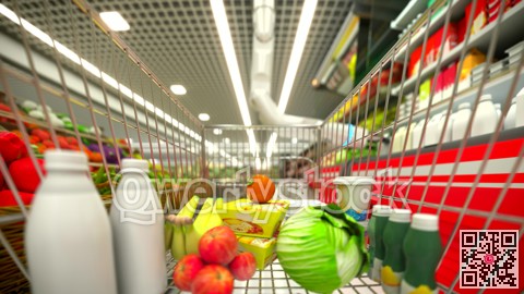 Hand robot buys food and puts them in the basket. 4k