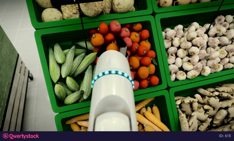 The robot makes a purchase, add products to the basket.4k 3d rendering
