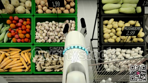 The robot makes a purchase, add products to the basket. 3d rendering
