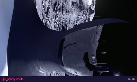 A humanoid robot walks across the moon's surface. Lunar colony. 3D rendering.