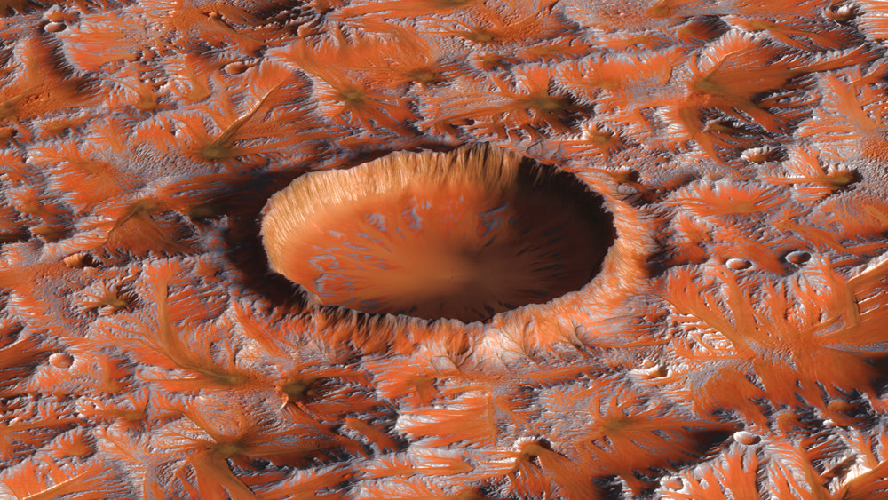 Fly over mars crater, zoom in