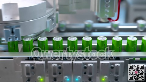 Conveer for the production of lithium ion battery. Stamping of batteries, application of protective coating. Close-up. 3D redering.