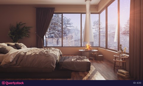 A hotel room with a bed and a large window with winter bacground 4k