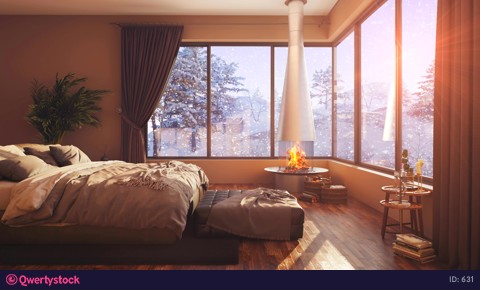 A hotel room with a bed and a large window with winter bacground 4k