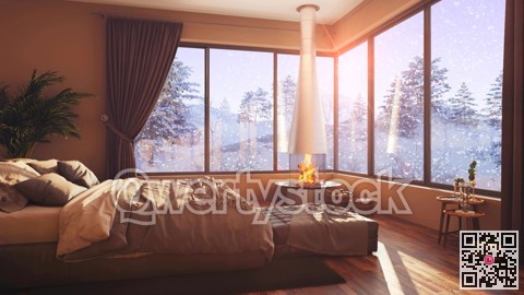 A hotel room with a bed and a large window with winter background 3d illustration