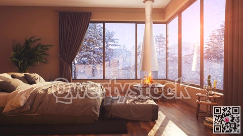 A hotel room with a bed and a large window with winter background 3d illustration