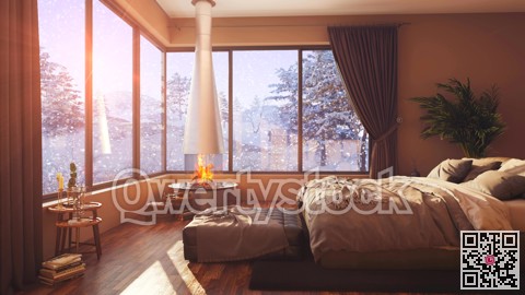 A hotel room with a bed and a large window with winter background 3d illustration