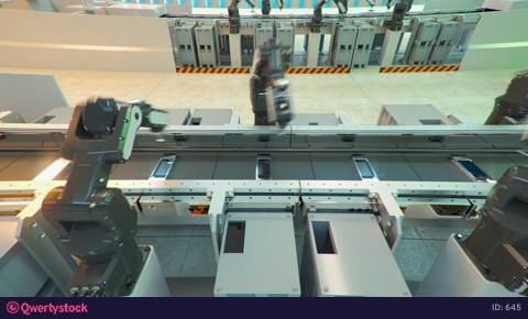 robot conveyor for the production of mobile phones at a high-tech factory. 3d rendering