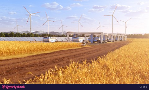 Futuristic harvesters on field with solar panels and windmills in the background 4K
