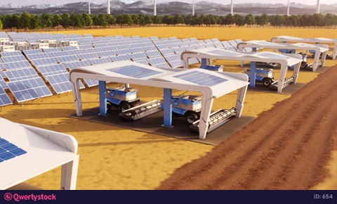 Futuristic harvesters working on field with solar panels and windmills in the background 4K