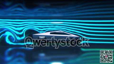 Concept car aerodynamics test in wind tunnel, side view 3d rendering